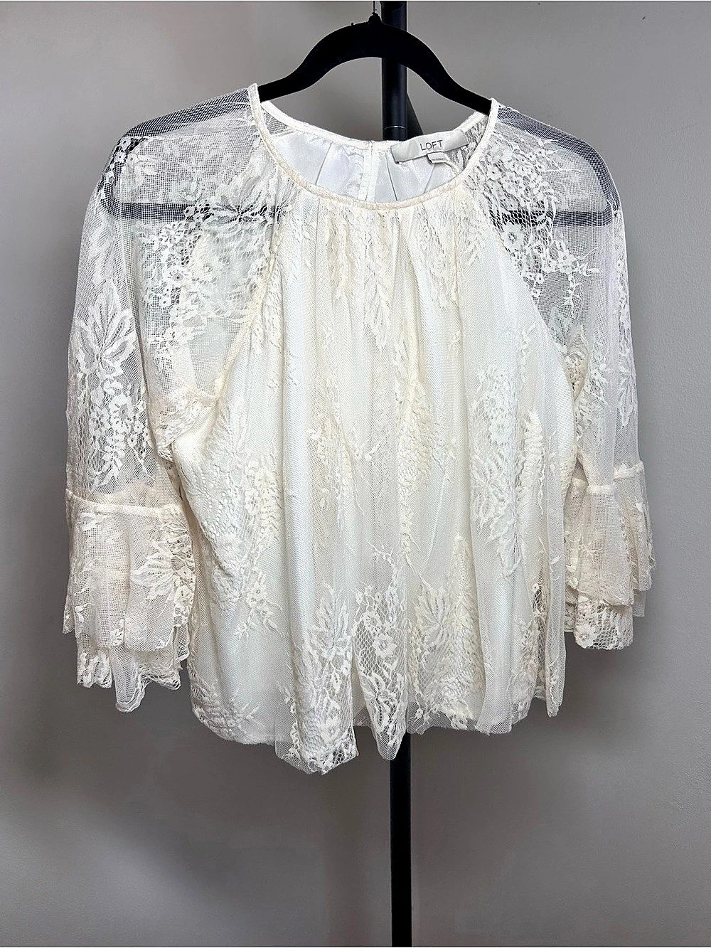 LOFT Cream Lace Flare Sleeve Blouse, intricate floral overlay, sheer mesh, M